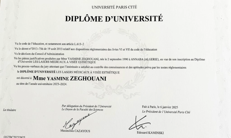 Diplôme d'Université « Les Lasers Médicaux à Visée Esthétique » délivré par l'Université Paris Cité à Mme Yasmine Zeghouani.